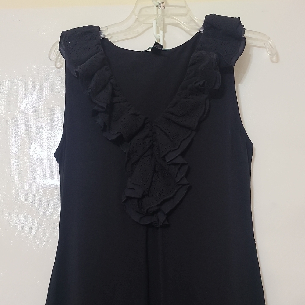 Lauren Ralph Lauren Black Sleeveless Shift Dress‎ Eyelet Ruffle Collar - Medium